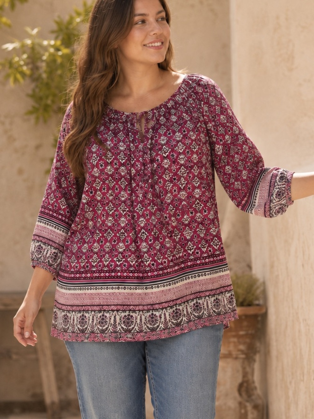 Rose & Thyme Fuschia 1/2 Button Front Boho Peasant Rayon Tunic Top Plus Size 1X